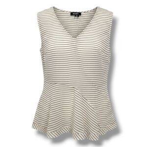 DKNY Women’s Ivory and Black Striped Sleeveless Peplum Blouse – Size 10